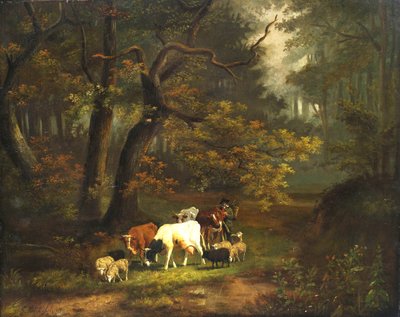 Forest Interior with Small Herd of Cows and Sheep by Cornelis Johannes de Vogel